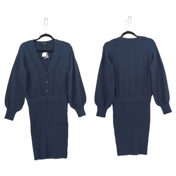 Toccin Women S Dress Midnight Navy Blue Sweater V Neck Button Ribbed Cotton Wool - Picture 1 of 7